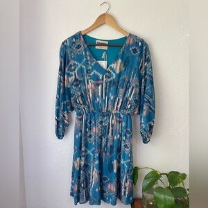 Savannah Jane Womenโs V Neck Western Aztec Blue 3/4 Sleeve Fit Flare Dress NWT